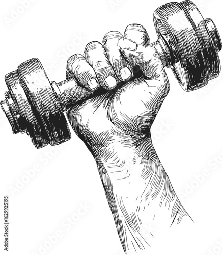 Hand holding a dumbbell in detailed black and white sketch. Vector illustration