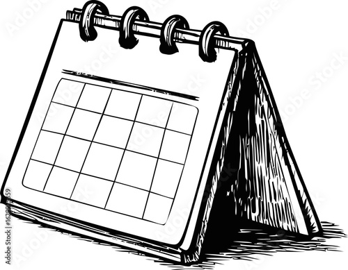 Black and white illustration of a desktop calendar showing a month view. Vector illustration