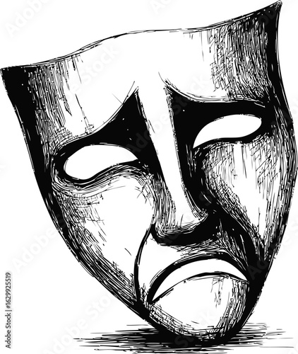 Sad theatrical mask sketch with detailed line work and emotional expression. Vector illustration