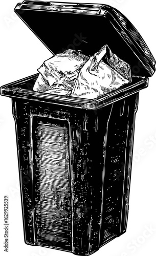 Sketch of an open garbage bin with trash bags in monochrome style. Vector illustration