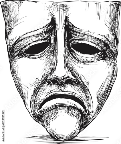 Sad theatrical mask in black and white sketch showing deep sorrow. Vector illustration