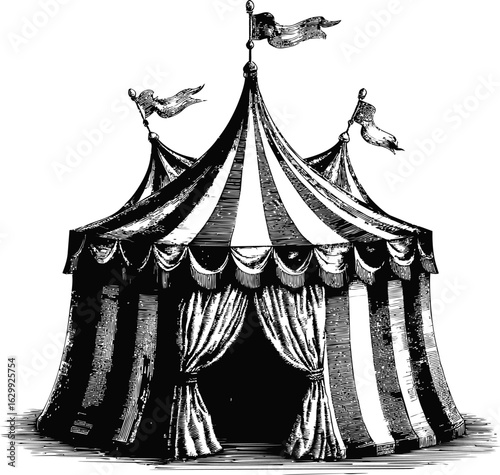 Black and white vintage circus tent illustration with flags on top. Vector illustration