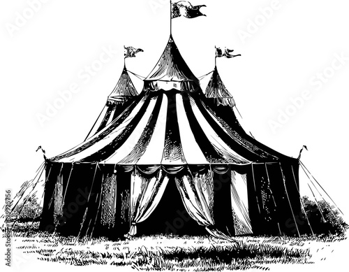 Vintage black and white illustration of a traditional circus tent with flags. Vector illustration