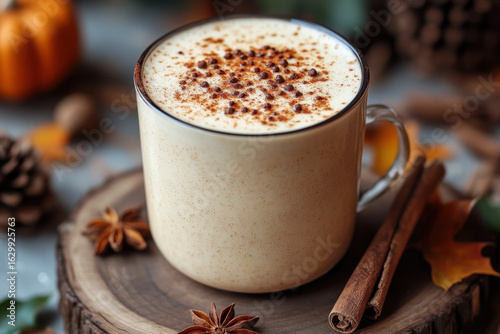 Fototapeta Naklejka Na Ścianę i Meble -  Glass of pumpkin spice latte with cinnamon and anise.