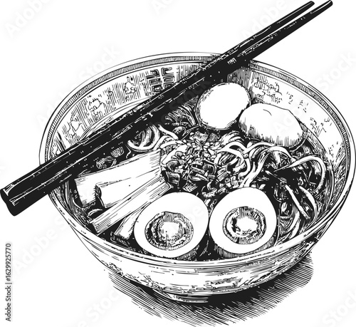 Black and white sketch of a ramen bowl with chopsticks and sliced eggs. Vector illustration