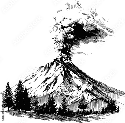 Volcano with erupting smoke and pine trees in black and white sketch. Vector illustration