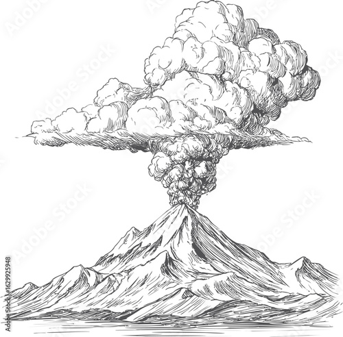 Volcano erupting with billowing smoke and ash in black and white sketch. Vector illustration