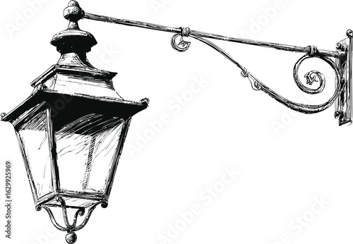 Vintage street lamp in detailed black and white sketch style. Vector illustration
