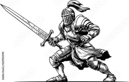 Illustration of an armored knight with a sword in a dynamic pose, black and white sketch. Vector illustration
