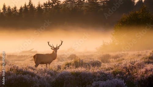 a serene deer stands gracefully in a misty landscape at sunrise surrounded by soft hues and tranquil nature
