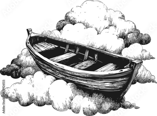 Wooden rowboat floating on fluffy clouds, surreal ink sketch. Vector illustration