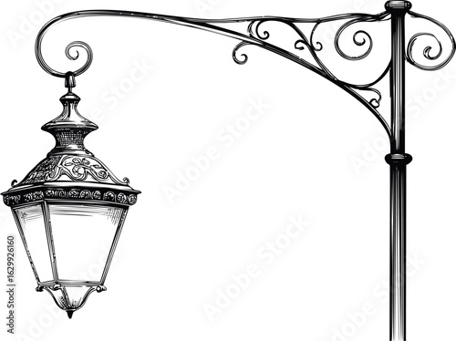 Vintage wrought iron street lamp illustration with ornate sketch design. Vector illustration
