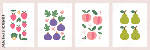 Vector illustration of fresh ripe sweet strawberries in a row with spring flowers