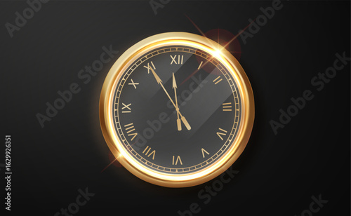 Classic golden clock with roman numerals and midnight time. Luxury New Year design element isolated on dark background