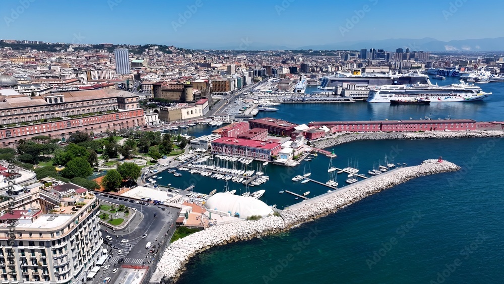 Fototapeta premium Naples Skyline In Naples Campania Italy. Breathtaking Aerial View Of A Lush Tropical Coastline Scenery. Metropolitan Skyline Panoramic City View Stunning. Metropolitan Architecture Business.