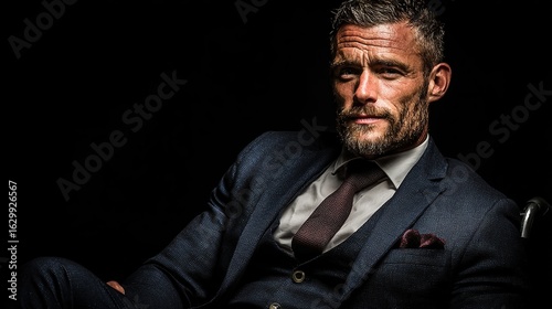 Close-up of a man in a dark suit, seated, intense gaze