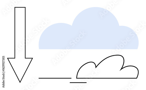 Large downward arrow beside two clouds, one filled and one outlined. Ideal for download, cloud storage, weather, simplicity, clarity, direction and conceptual ideas. Minimalist flat metaphor