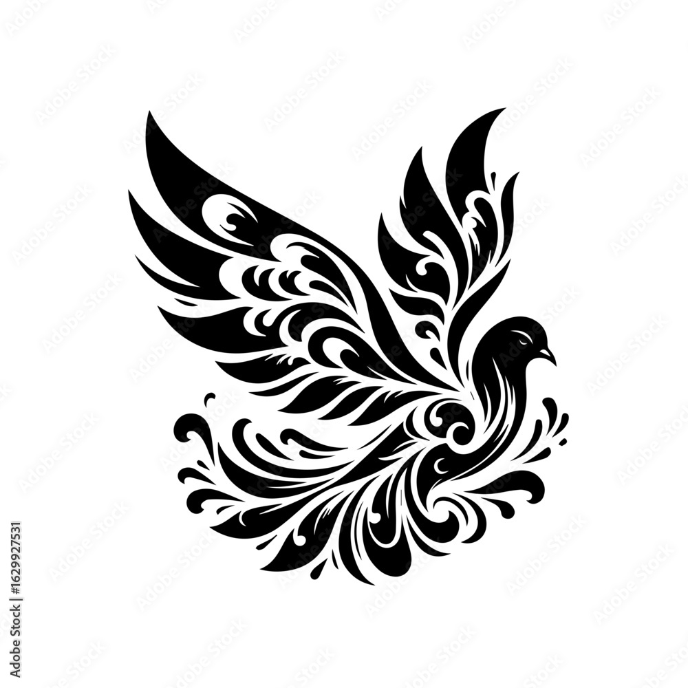 Naklejka premium Flying dove isolated on white background with decorative wings illustration