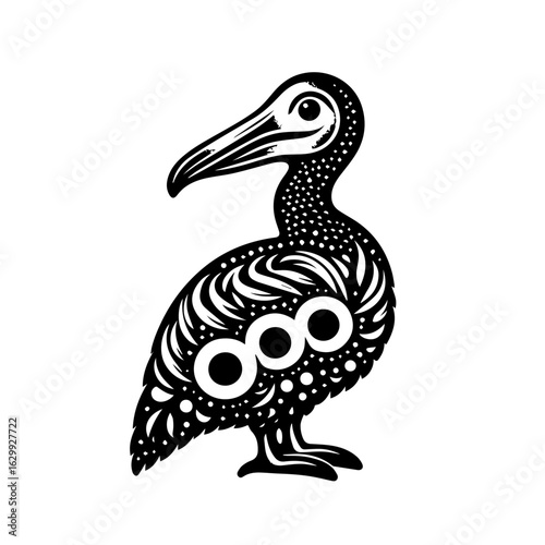 Black and white illustration of a dodo isolated on white background