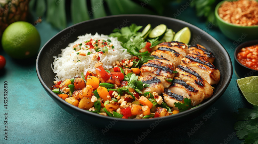 Fototapeta premium Food mockup poster with spicy Thai papaya salad sticky rice and grilled chicken