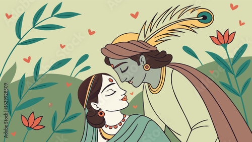 Illustration of the hindu god krishna and goddess radha in a romantic embrace, surrounded by flowers and leaves, a traditional indian cultural depiction