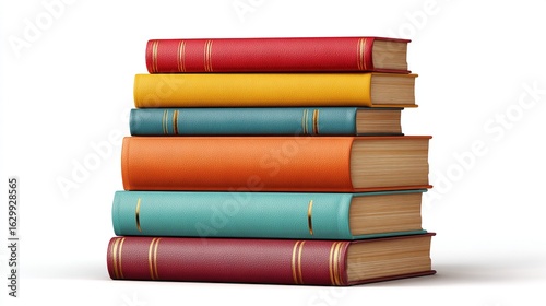 A neatly stacked pile of six hardcover books, each with a different vibrant color red, yellow, teal, orange, teal, and burgundy, showcasing their cream-colored pages