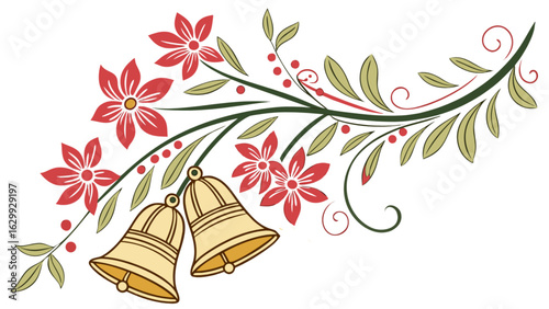 Christmas bells and floral decoration isolated on white background, a festive vector illustration for holiday season, greeting card, or decorative design element