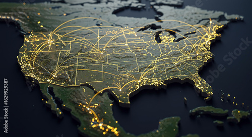 Map of the United States with yellow lines and lights representing major routes and cities on a dark background.