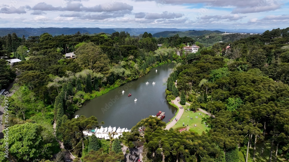 Obraz premium Negro Lake In Gramado Rio Grande Do Sul Brazil. Breathtaking Aerial Landscape Of Famous Leisure Park Of The City. Town Sky Clouds Backgrounds Urban. Town Panorama. Gramado Rio Grande do Sul.