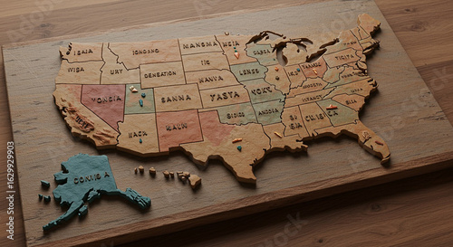A wooden jigsaw puzzle of the United States map on a wooden board with colored pieces, on a wooden table with natural light.