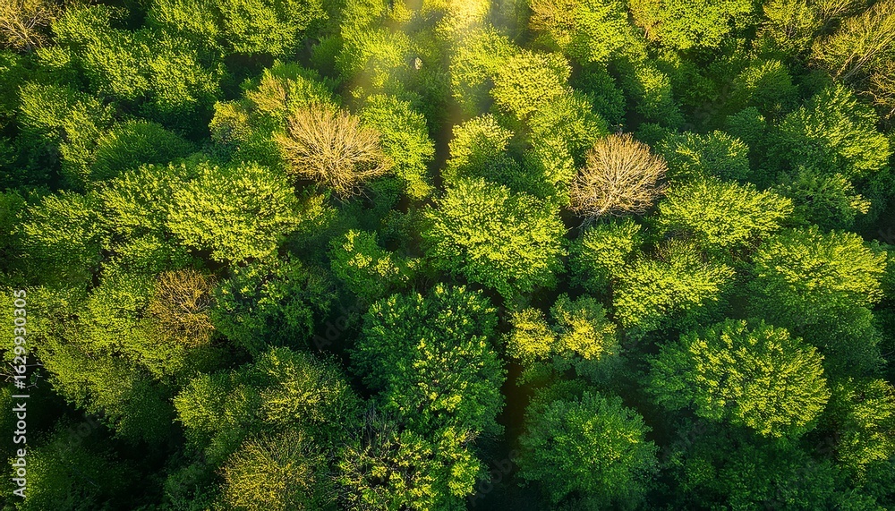 Naklejka premium lush green forest canopy vegetation from above in bright sunshine