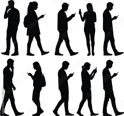 Silhouettes of people walking while using smartphones in a modern urban setting