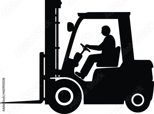 Silhouette of a forklift with driver operating machinery in industrial setting