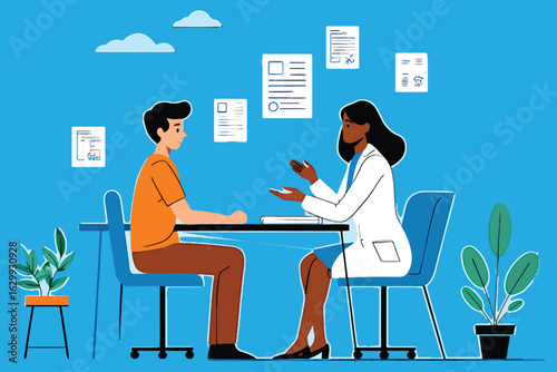 Patient at a medical consultation with a physician. Healthcare and medicine vector design.