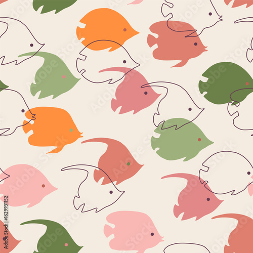 Abstract colorful fish seamless pattern. Tropical fish schools swimming background. Marine life concept cartoon style. Vector illustration in silhouettes and line art for summer fabric design