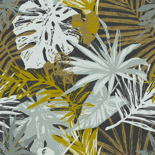 Hand drawn tropical leaves background in greenery colors. Green palm monstera...