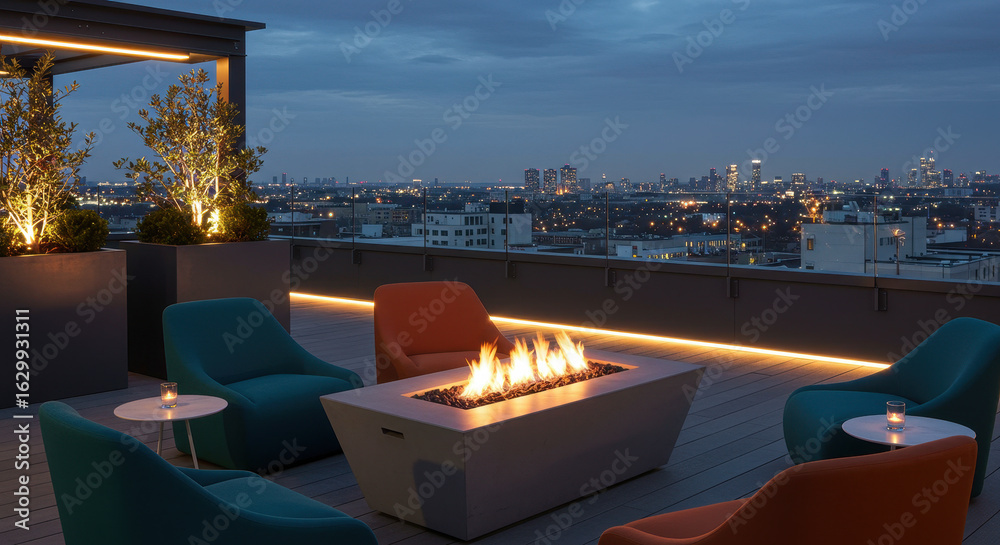 Fototapeta premium Rooftop lounge area with fire pit at twilight