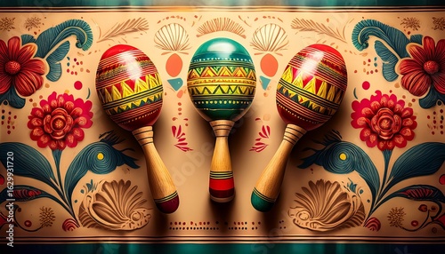 vintage mexican fiesta art featuring maracas and cinco de mayo vibes