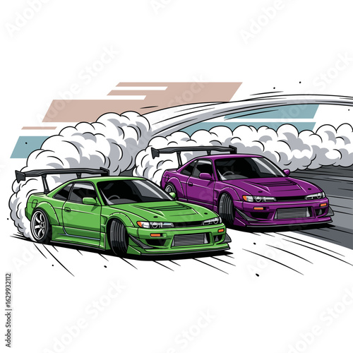 Fast JDM circuit battle. Racing club vector artwork. Extreme racing. Rancing club Illustration. American stock car. Japanese street car legend. Racing club vector t-shirt print design. 