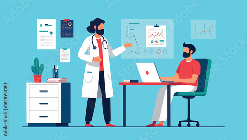Medical consultation with a doctor explaining health data to a patient in a modern office