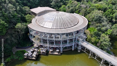 Wire Opera In Curitiba Parana Brazil. Aerial View Of Rooftop Skyscraper In Landmark Downtown. Business Sky Downtown Cityscape. Business Panning Wide. Curitiba Parana.