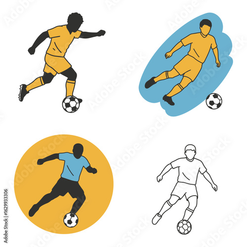 Four stylized illustrations of soccer players in action