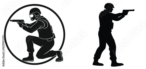 Armed Policeman in Action Black Silhouette Art