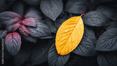 Yellow leaf standing dark foliage