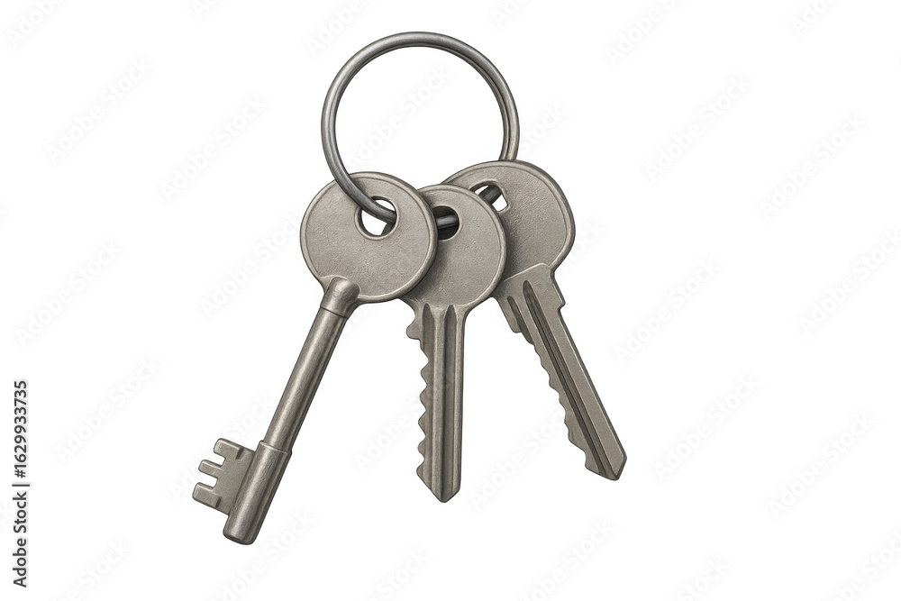 Three metal keys hanging from a metal ring on transparent background Three metal keys hanging from a metal ring on transparent background