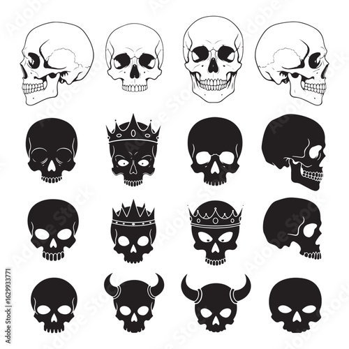 Assortment of Skull Silhouettes with Crowns and Horns on White Background skulls