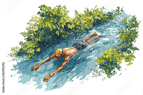 Athlete swimming laps on a trail by the river isolated