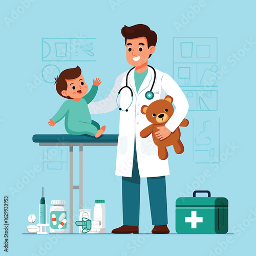Friendly pediatrician examining a happy baby in a medical clinic vector illustration