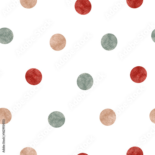 Watercolor dots create a cheerful polka pattern. Soft pastel texture in red, green, and beige. Perfect for wrapping, background, or digital winter design.