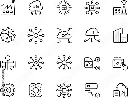 Set of outline vector icons related to business management data analytics and information technology representing diverse technological concepts